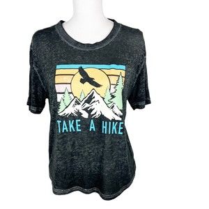 Miken Flow Shirt Women Small Grey Take A Hike Lightweight Thinned Out Graphic T